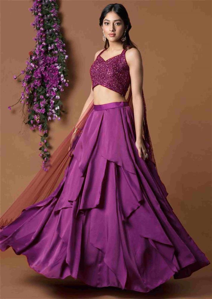 image of purple layered lehenga with a purple color crop top